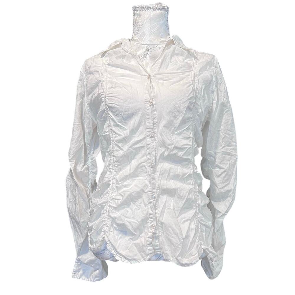 Y2K White Ruched Cotton Button Down Shirt Long Sleeve Fitted Coquette Sz M - Picture 2 of 16